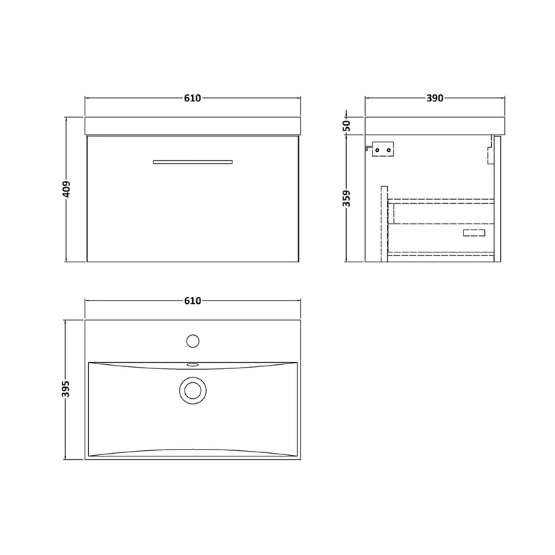 Nuie Arno 600mm Wall Hung 1 Drawer Vanity & Basin 3 Contemporary Satin Grey MFC Painted Matt 409x610x395mm