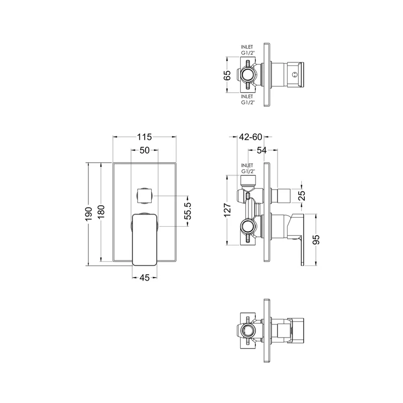 Nuie Windon Manual Shower Valve With Diverter Contemporary Chrome Brass ABS 180x115x110mm