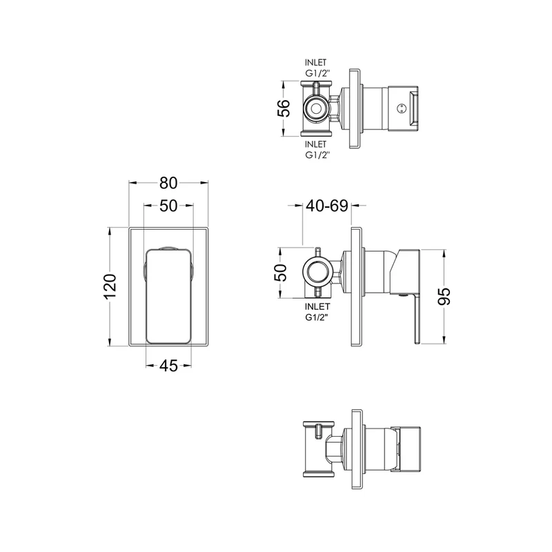Nuie Windon Manual Shower Valve Contemporary Chrome Brass ABS 120x80x113mm