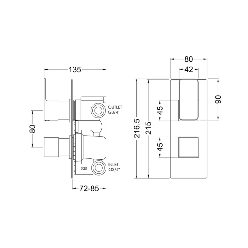 Nuie Windon Twin Thermostatic Valve With Diverter Contemporary Brushed Brass Brass ABS 215x80x135mm