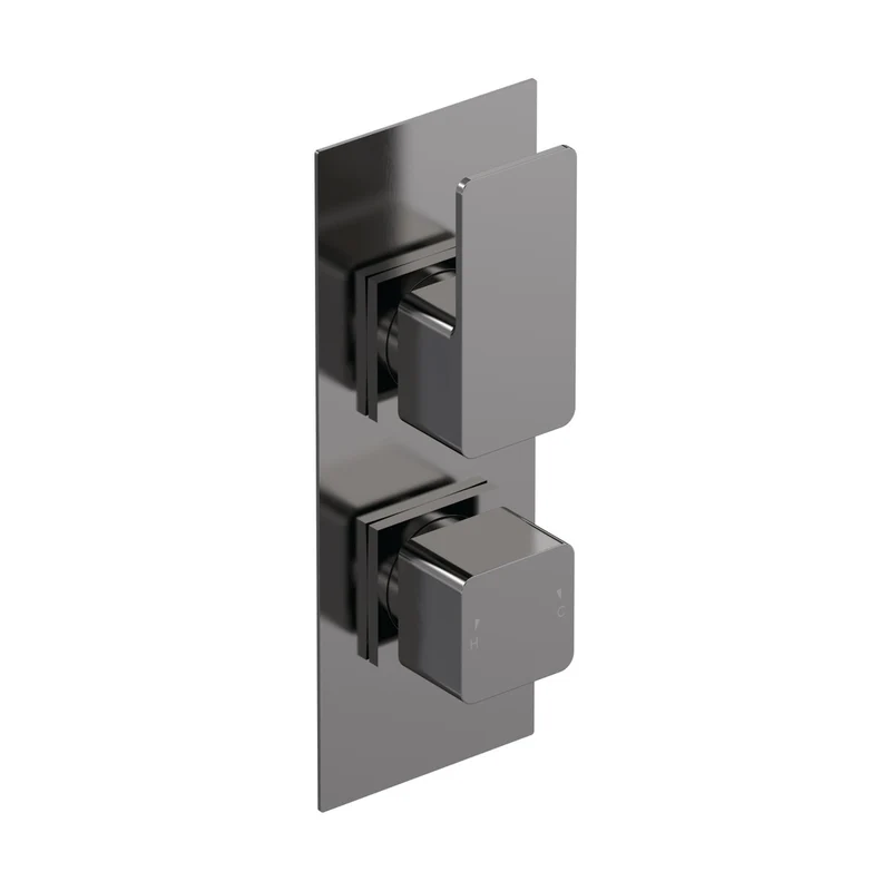 Nuie Windon Twin Thermostatic Valve With Diverter Contemporary Brushed Pewter Brass ABS 215x120x135mm