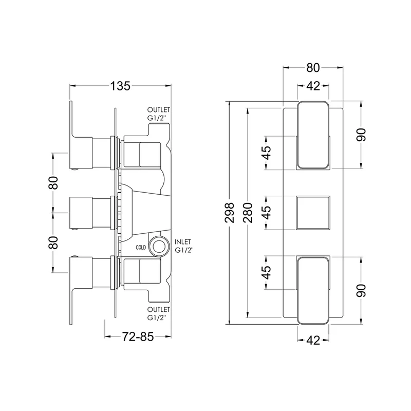 Nuie Windon Triple Thermostatic Valve Contemporary Brushed Pewter Brass ABS 280x120x135mm
