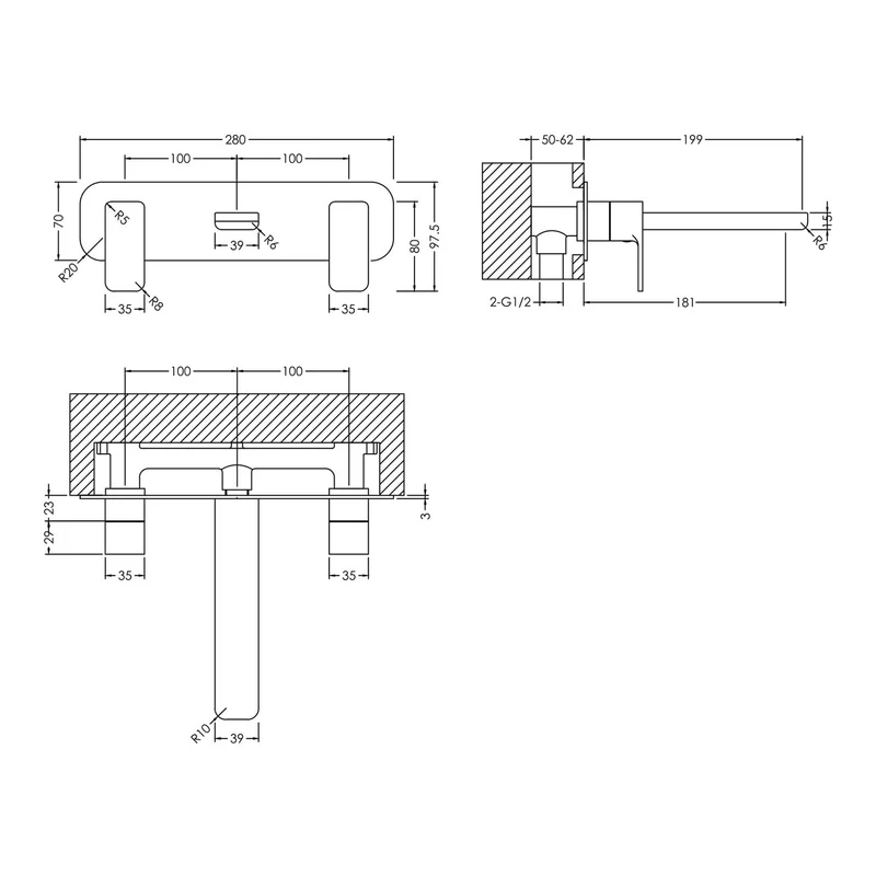 Cape 3 Hole Wall Mounted Basin Mixer With Plate