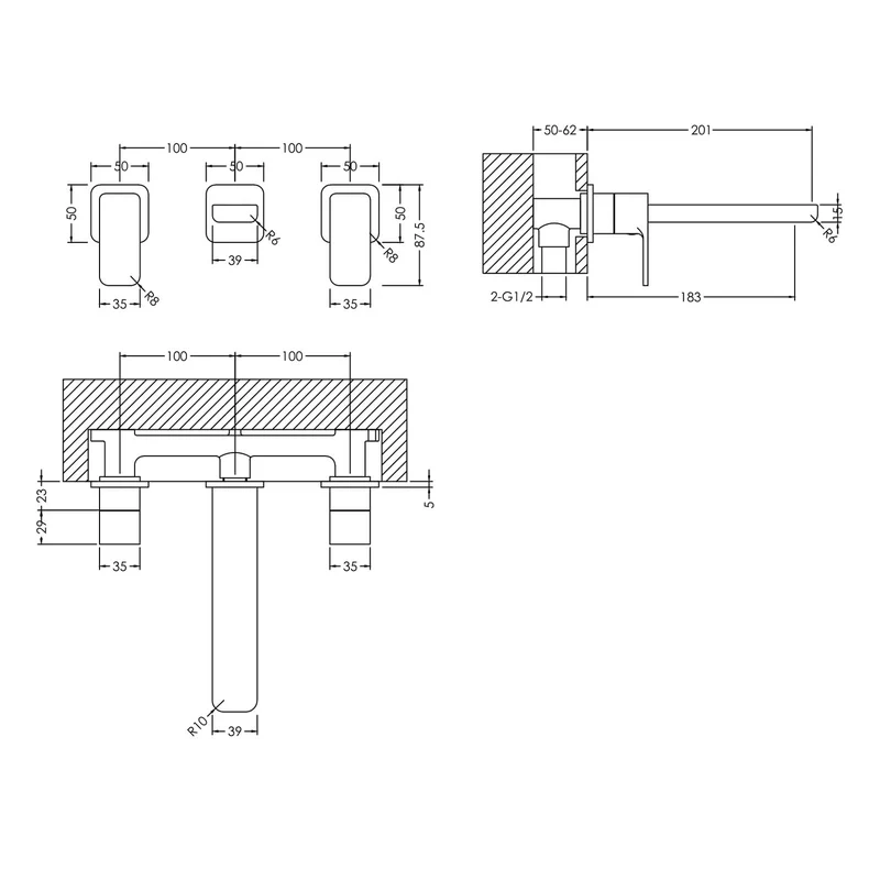 Cape 3 Hole Wall Mounted Basin Mixer