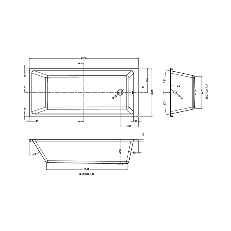 Nuie Linton Thin Edge Single Ended Bath 1800 X 800mm Contemporary White Acrylic