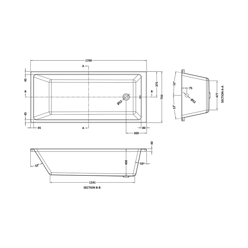 Nuie Thin Edge Single Ended Bath 1700 X 750mm Contemporary White Acrylic