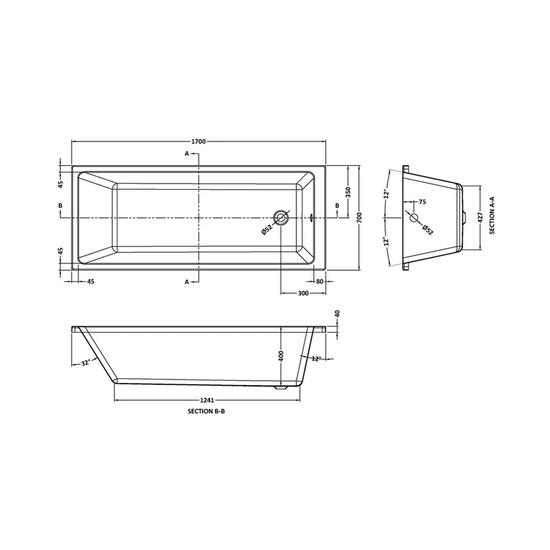 Nuie Linton Thin Edge Single Ended Bath 1700 X 700mm Contemporary White Acrylic