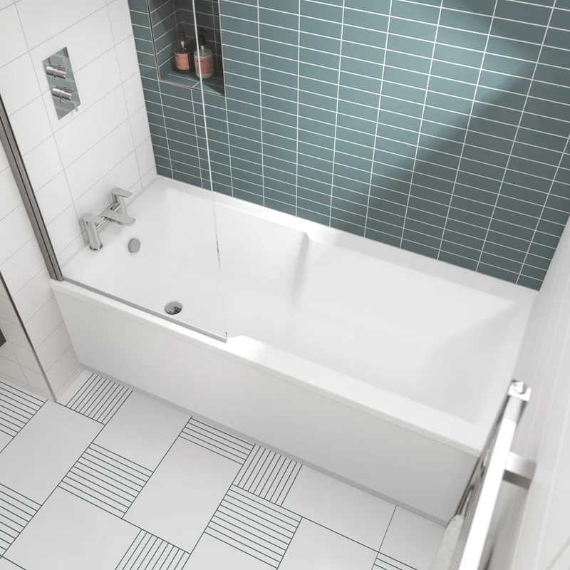 Nuie Shower Baths Square Straight Shower Bath 1700 X 750mm Contemporary White Acrylic
