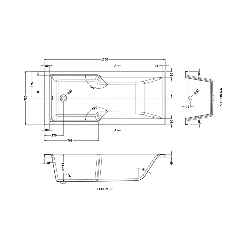 Nuie Shower Baths Square Straight Shower Bath 1700 X 750mm Contemporary White Acrylic