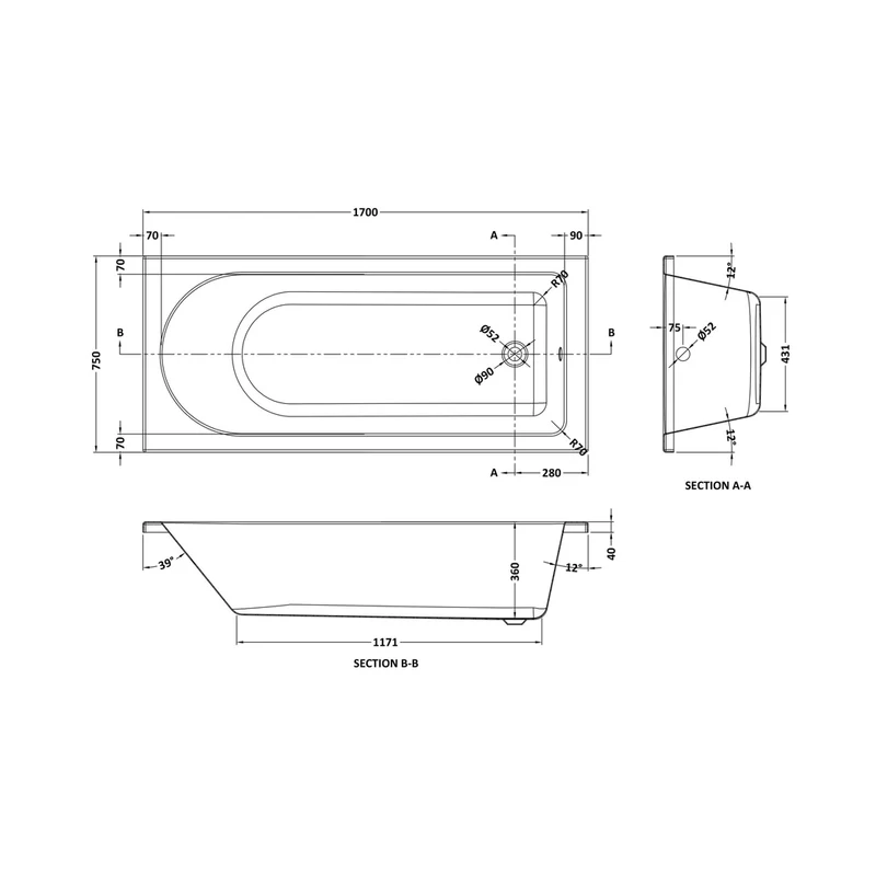Nuie Barmby Standard Single Ended Bath 1700 X 750mm Contemporary European White Acrylic
