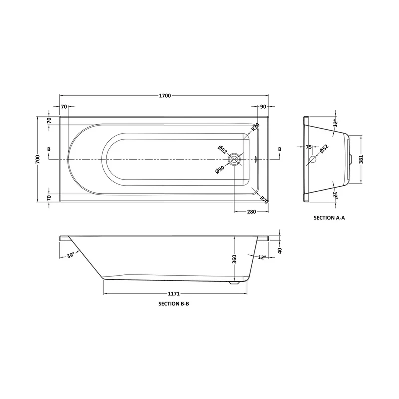 Nuie Barmby Standard Single Ended Bath 1700 X 700mm Contemporary European White Acrylic