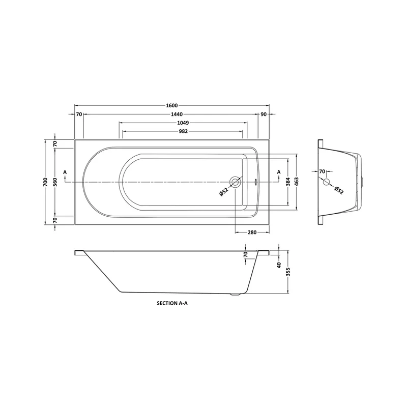 Nuie Barmby Standard Single Ended Bath 1600 X 700mm Contemporary European White Acrylic