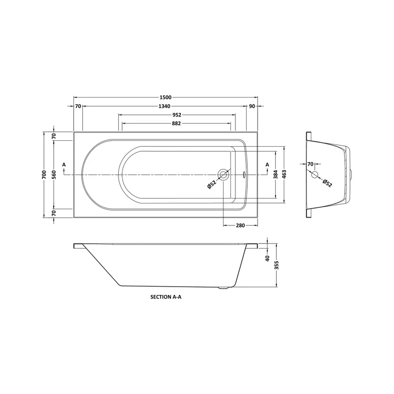 Nuie Barmby Standard Single Ended Bath 1500 X 700mm Contemporary European White Acrylic