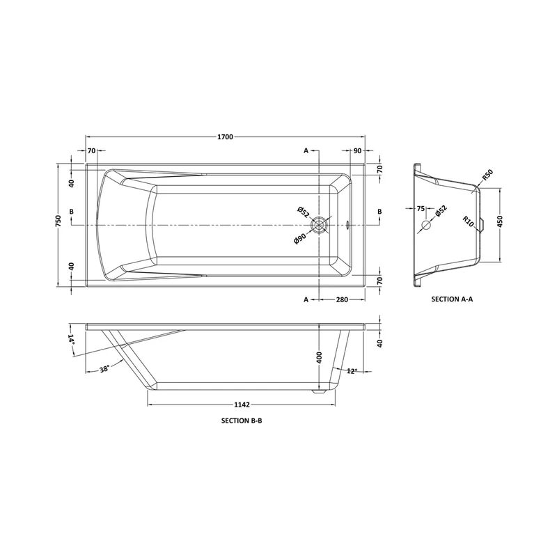 Nuie Linton Square Single Ended Bath 1700 X 750mm Contemporary European White Acrylic