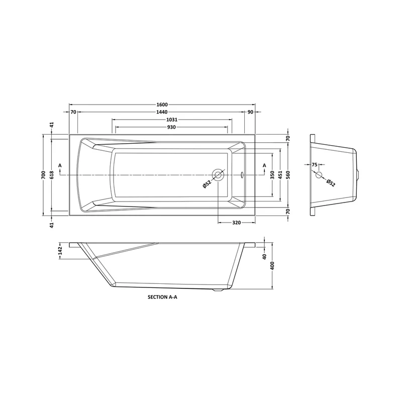 Nuie Linton Square Single Ended Bath 1600 X 700mm Contemporary European White Acrylic