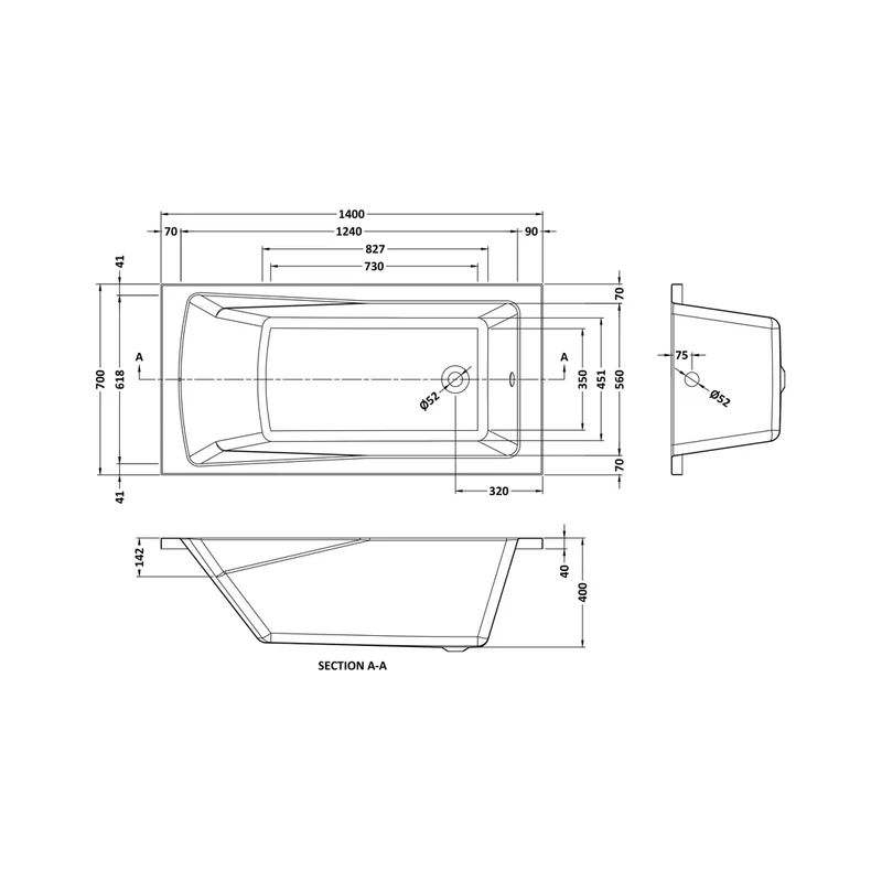 Nuie Linton Square Single Ended Bath 1400 X 700mm Contemporary European White Acrylic