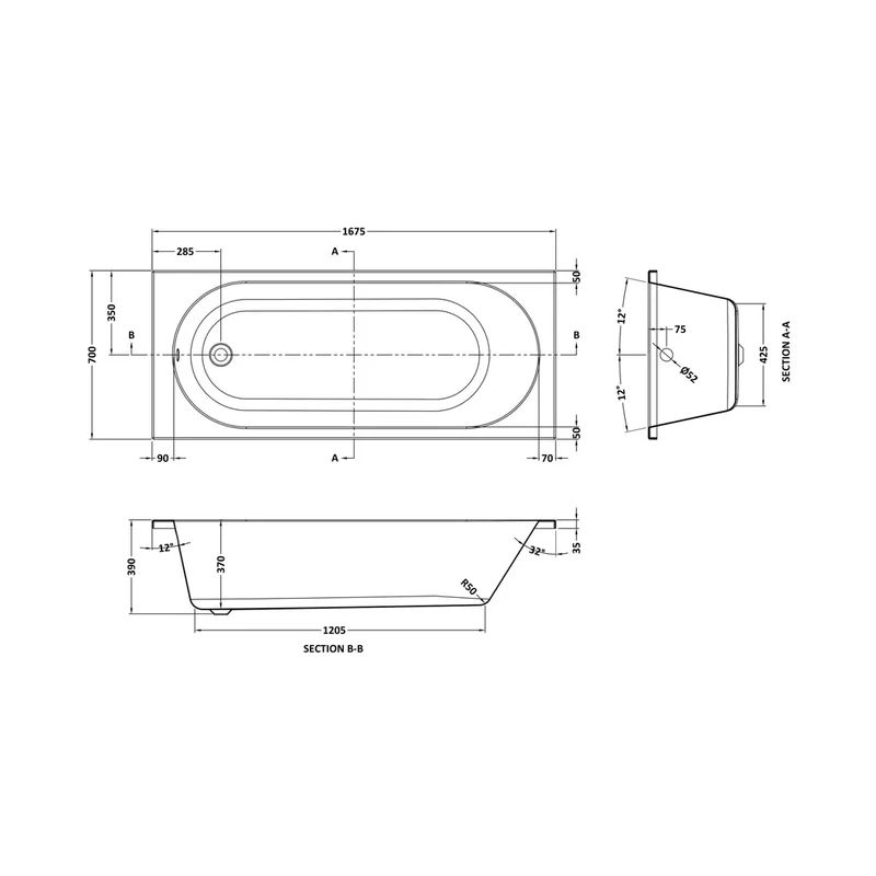 Nuie Otley Round Straight Bath 1675 X 700mm Contemporary White Acrylic