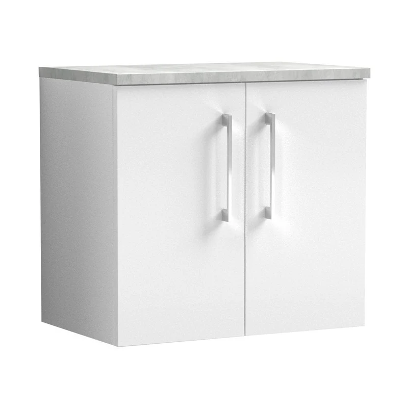 Nuie Arno 600mm Wall Hung 2 Door Vanity & Laminate Top Contemporary Gloss White MFC Painted Gloss 561x605x390mm