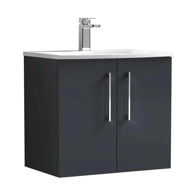 Nuie Arno 600mm Wall Hung 2 Door Vanity & Basin 4 Contemporary Soft Black 569x610x440mm