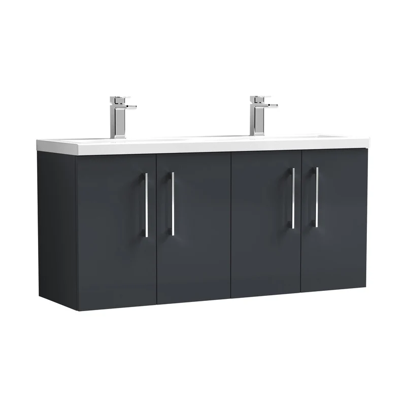 Nuie Arno 1200mm Wall Hung 4 Door Vanity & Double Basin Contemporary Soft Black MFC Painted Matt 579x1205x383mm - ARN1423F