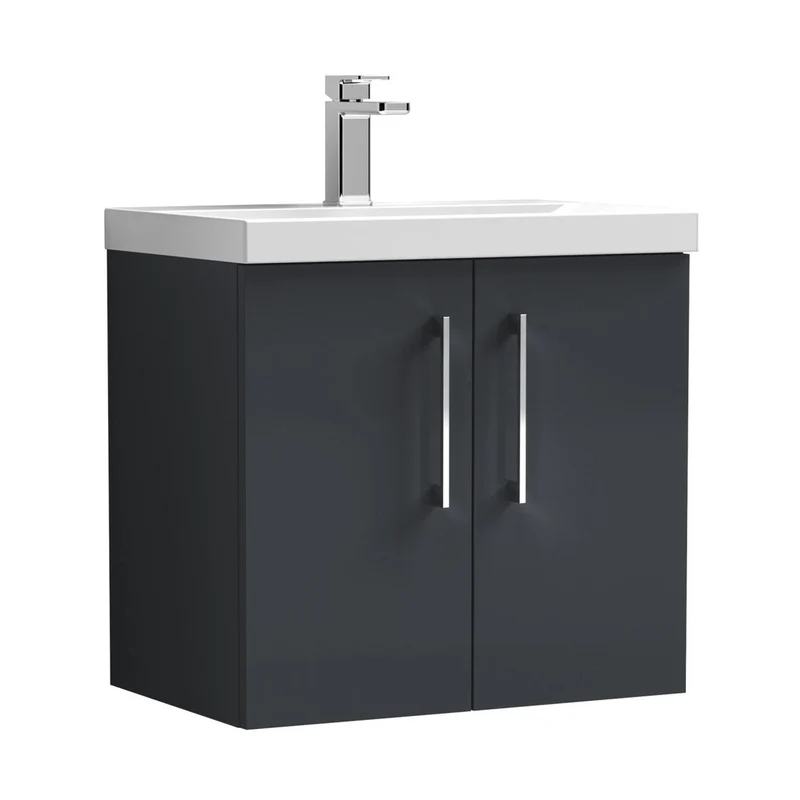 Nuie Arno 600mm Wall Hung 2 Door Vanity & Basin 3 Contemporary Soft Black 589x610x395mm