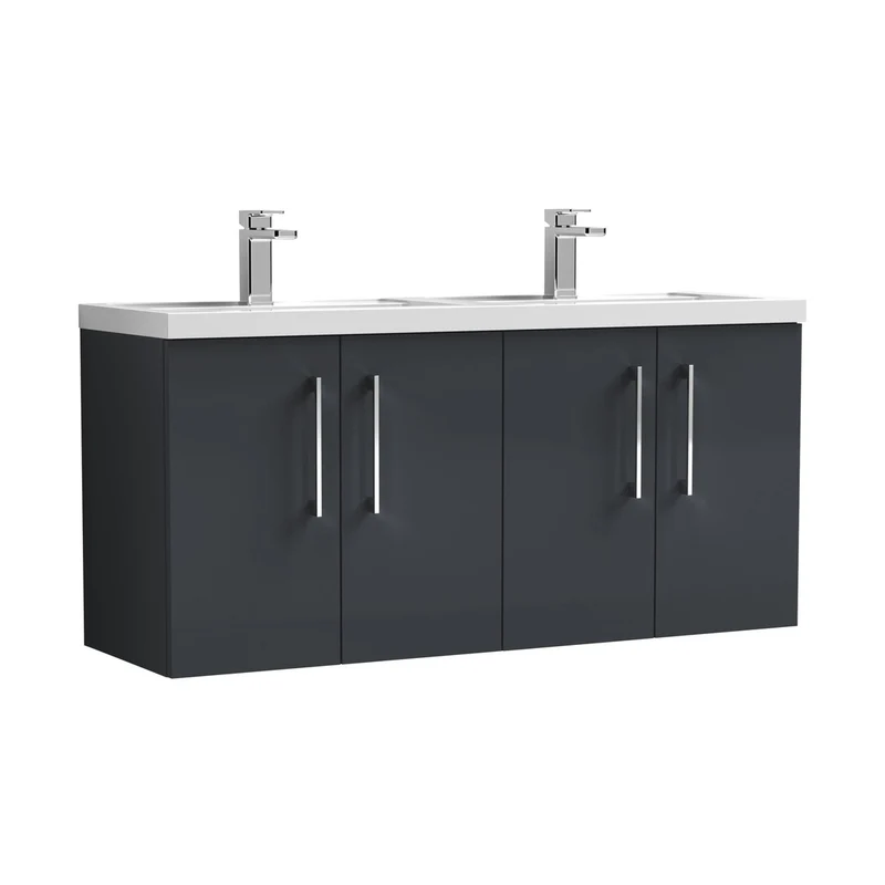 Nuie Arno 1200mm Wall Hung 4 Door Vanity & Double Basin Contemporary Soft Black MFC Painted Matt 579x1205x383mm - ARN1423C