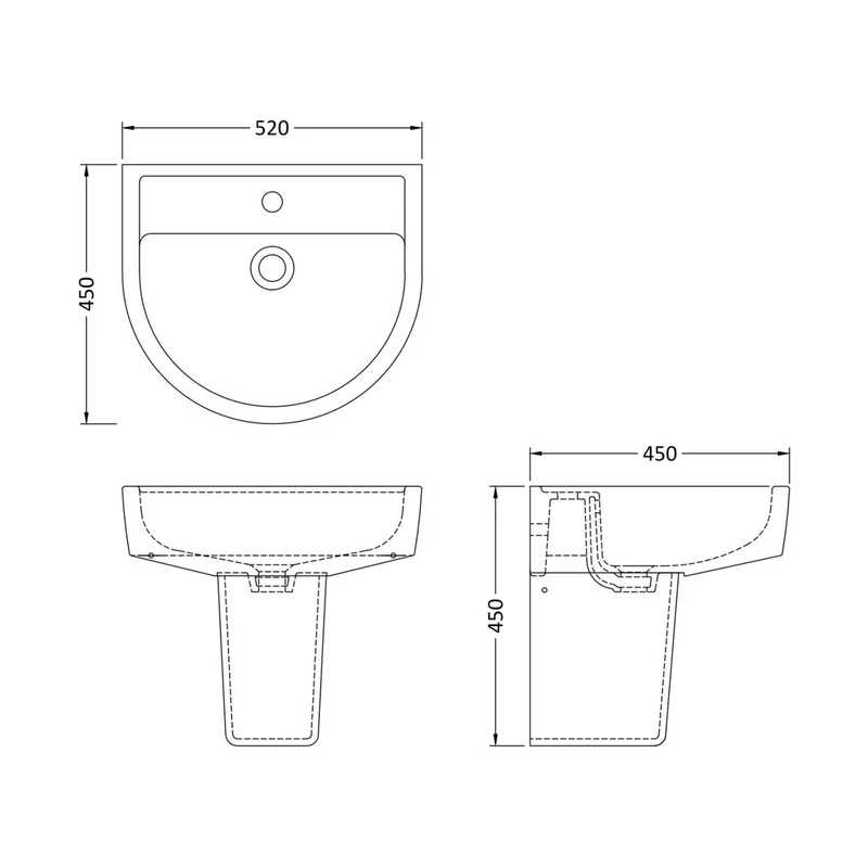 Nuie Provost 520mm Basin & Semi Pedestal Contemporary White Vitreous China 450x520x450mm