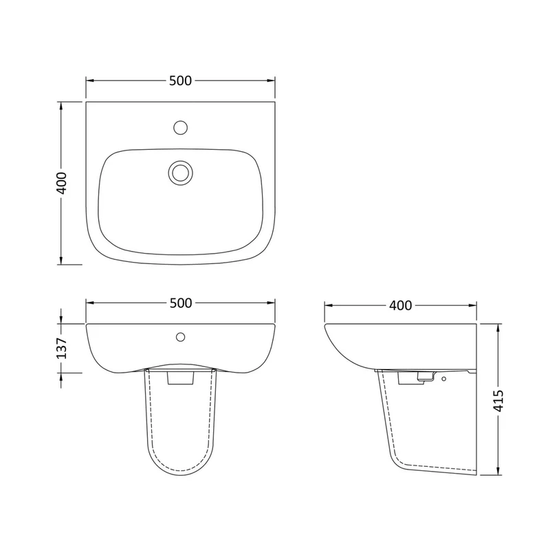 Nuie Ambrose 500mm Basin & Semi Pedestal Contemporary White Vitreous China 415x500x400mm