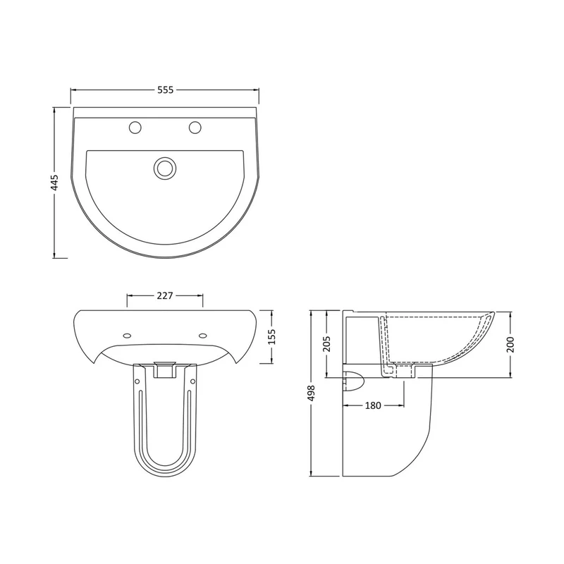 Nuie Ivo 550mm Basin 2th & Semi Pedestal Contemporary White Vitreous China 498x555x445mm