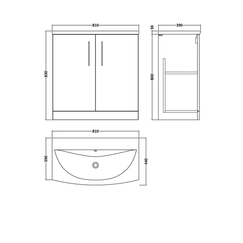 Nuie Arno 800mm Floor Standing 2 Door Vanity & Basin 4 Contemporary Soft Black MFC 830x810x440mm