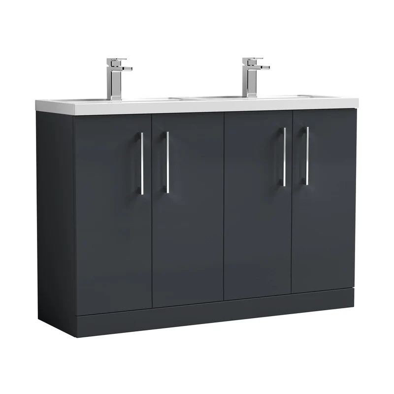 Nuie Arno 1200mm Floor Standing 4 Door Vanity & Double Basin Contemporary Soft Black MFC Painted Matt 840x1205x383mm - ARN1403C