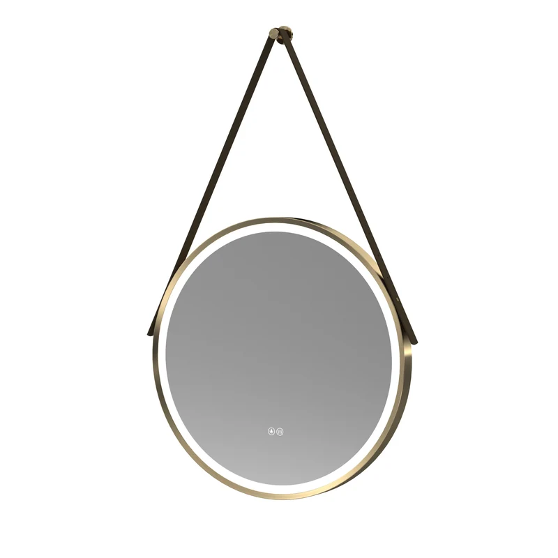 Hudson Reed Salana Brushed Brass Framed LED Touch Sensor Mirror With Brown Strap & De-Mister - 600 x 600mm