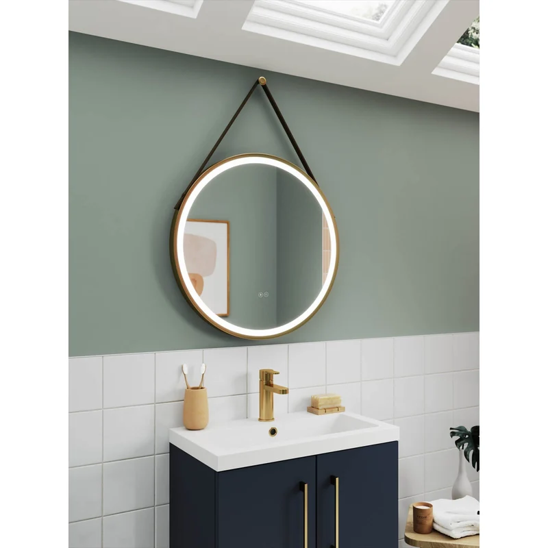 Hudson Reed Salana Brushed Brass Framed LED Touch Sensor Mirror With Brown Strap & De-Mister - 800 x 800mm