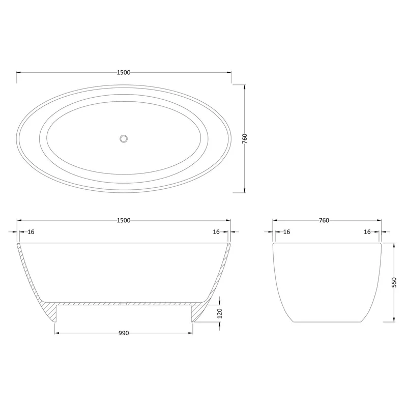 Hudson Reed Grace Round Freestanding Solid Cian Bath 1510 x 760mm - Silk Matt