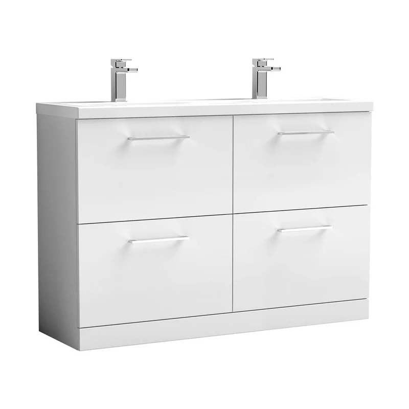 Nuie Arno 1200mm Floor Standing 4 Drawer Vanity & Double Basin 2 Contemporary Gloss White MFC Painted Gloss 840x1205x383mm