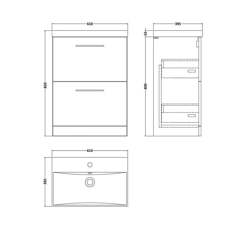 Nuie Arno 600mm Floor Standing 2 Drawer Vanity & Basin 3 Contemporary Gloss White MFC 850x610x395mm