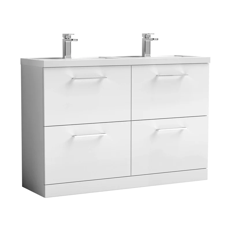 Nuie Arno 1200mm Floor Standing 4 Drawer Vanity & Double Basin 1 Contemporary Gloss White MFC Painted Gloss 840x1205x383mm