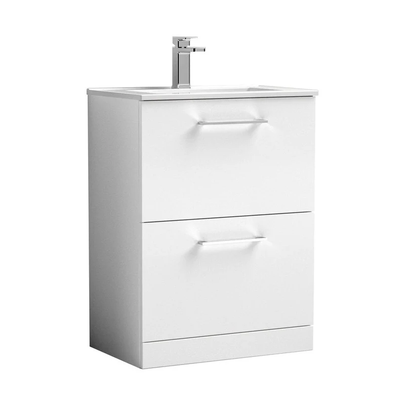 Nuie Arno 600mm Floor Standing 2 Drawer Vanity & Basin 2 Contemporary Gloss White MFC 818x600x390mm