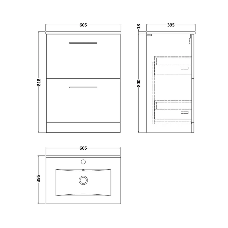 Nuie Arno 600mm Floor Standing 2 Drawer Vanity & Basin 2 Contemporary Gloss White MFC 818x600x390mm