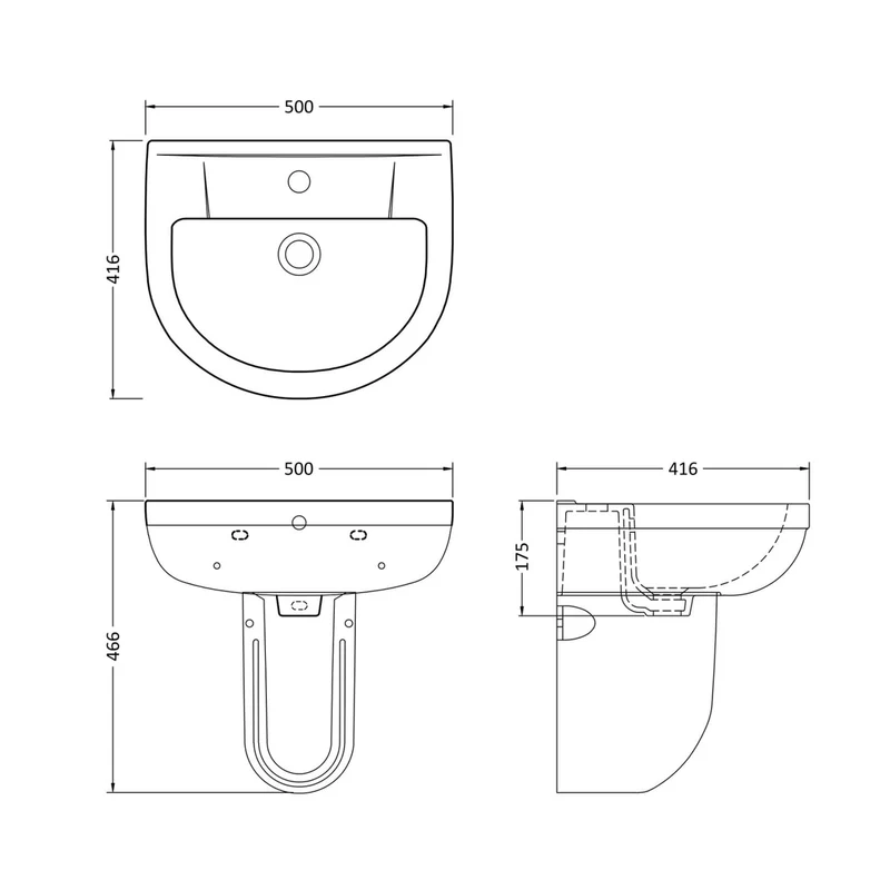 Nuie Harmony 500mm Basin & Semi Pedestal Contemporary White Vitreous China 466x500x416mm