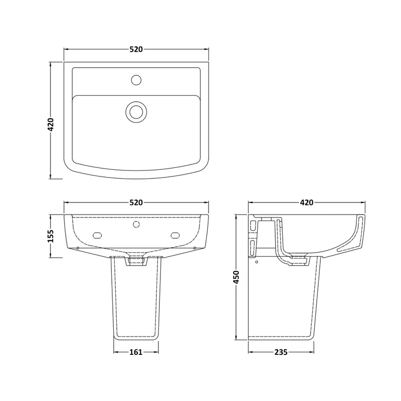 Nuie Bliss 520mm Basin & Semi Pedestal Contemporary White Vitreous China 450x520x420mm