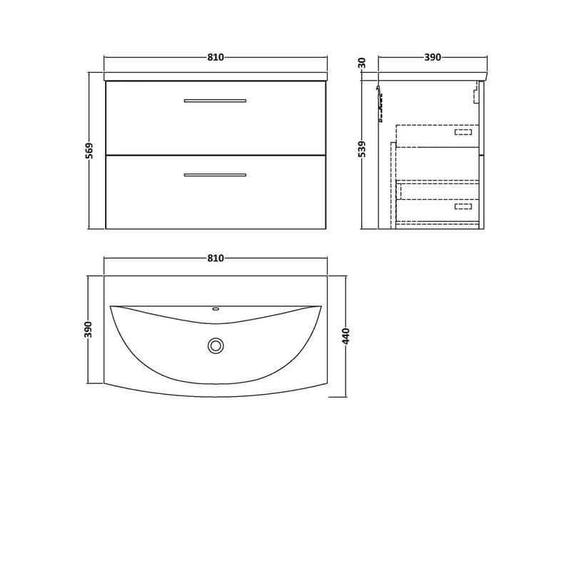 Nuie Arno 800mm Wall Hung 2 Drawer Vanity & Basin 4 Contemporary Gloss White 569x810x440mm