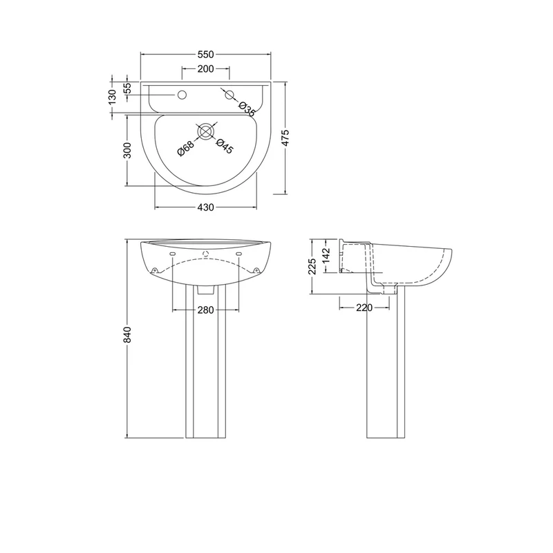 Nuie Melbourne 550mm 2th Basin & Pedestal Contemporary White Vitreous China 840x550x475mm
