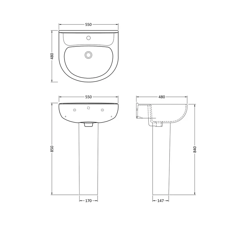 Nuie Lawton 550mm Basin & Pedestal Contemporary White Vitreous China 850x550x480mm