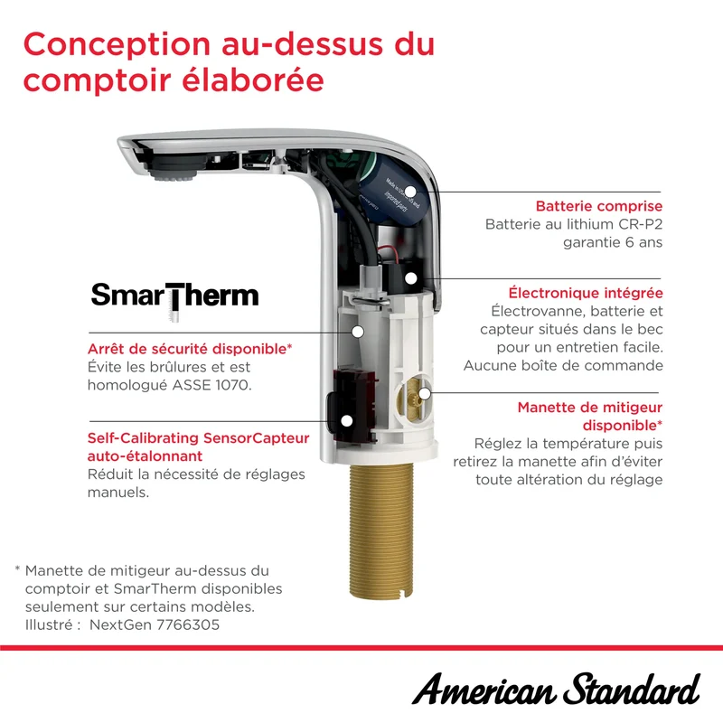NextGen Selectronic® - robinet sans contact, alimentation à pile avec butée de sécurité SmarTherm + ADM, 0,5 gpm/1,9 L/min