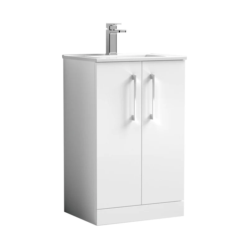 Nuie Arno 500mm Floor Standing 2 Door Vanity & Basin 2 Contemporary Gloss White MFC 815x500x390mm