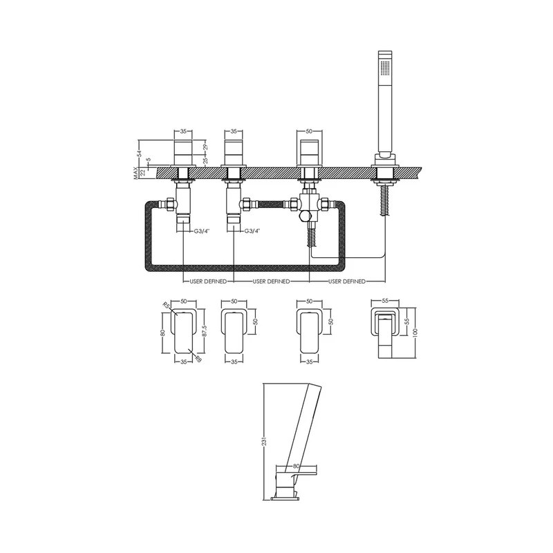 Nuie Windon Deck Mounted 4 Tap Hole Bath Shower Mixer No Spout Contemporary Chrome Brass,brass ABS 54x435x90mm