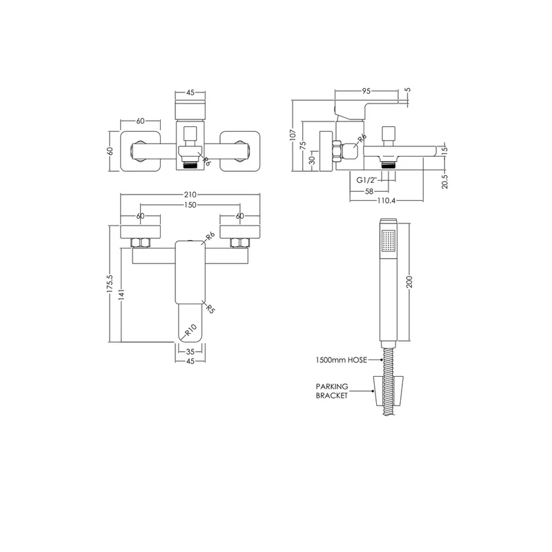 Nuie Windon Wall Mounted Bath Shower Mixer With Kit Contemporary Chrome Brass ABS,plastic 105x180x141mm
