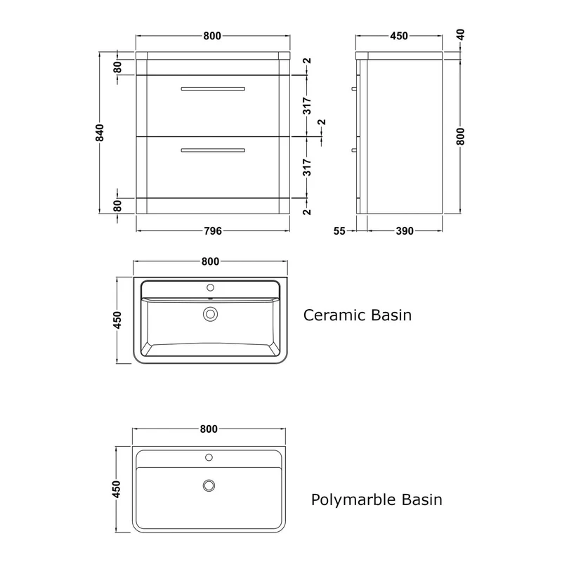 Hudson Reed Solar Floor Standing 800mm Vanity Unit With 2 Drawers & Basin