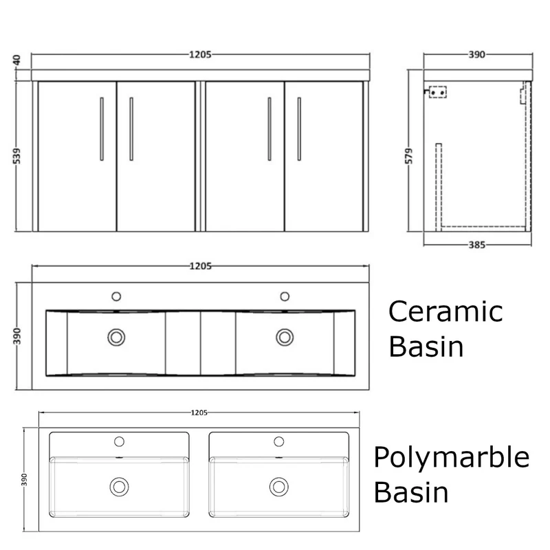 Hudson Reed Juno Wall Hung 1200mm Vanity Unit With 4 Doors & Twin Basin